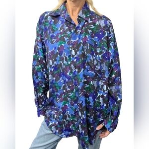 Vintage 80s Punch 100% Silk Abstract Print Blouse Blue Purple Green Oversized M